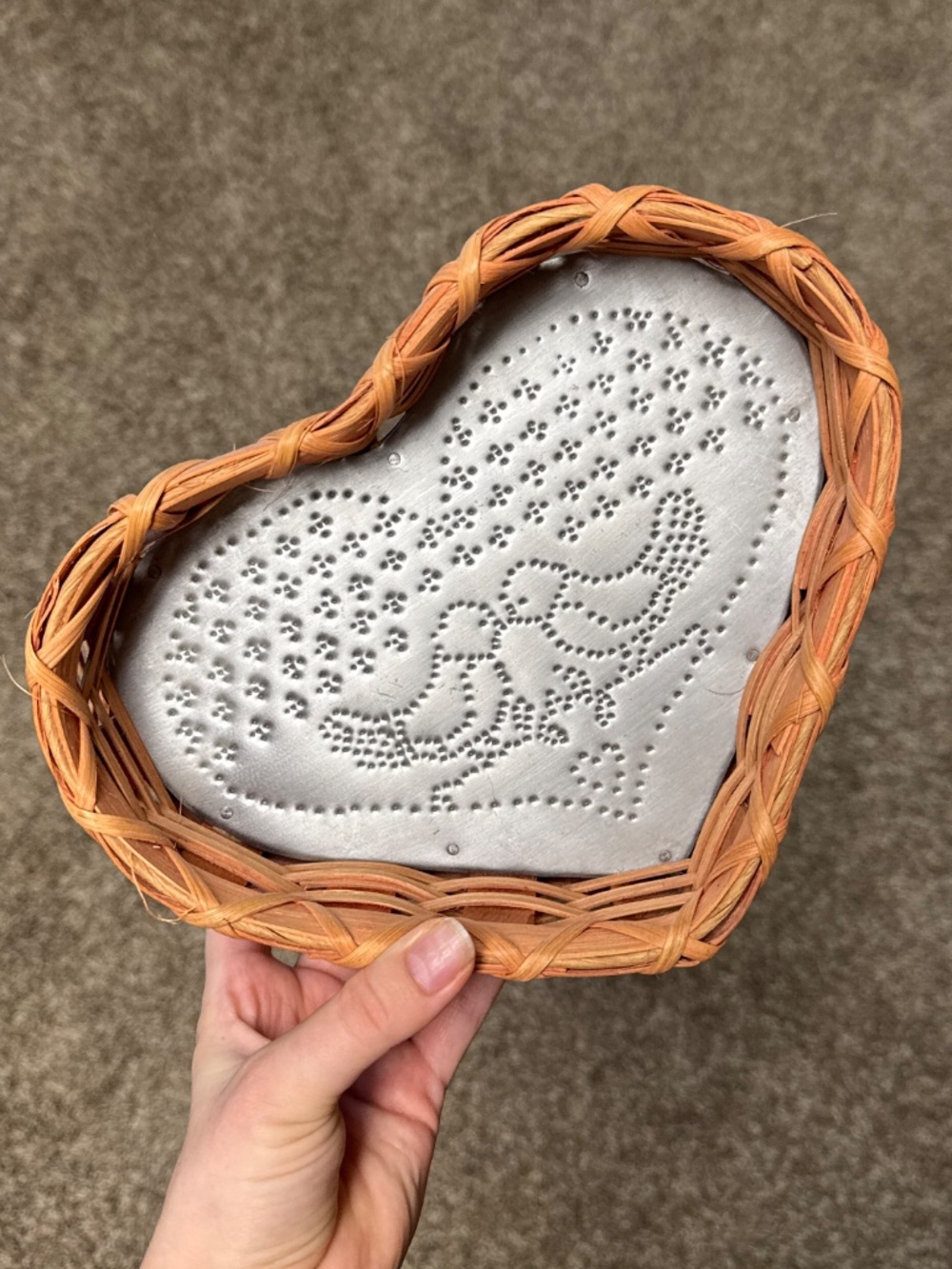 Vintage Cottage Core Decor - Heart Basket Metal Bird Art